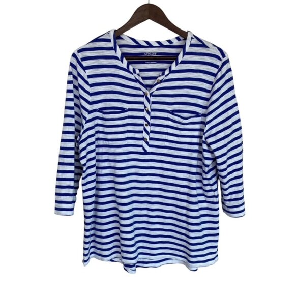 Chico's Royal Blue and White Striped Ultimate Tee - Size 2 / Large - Picture 1 of 4